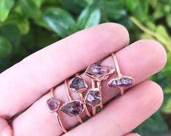 Dainty Amethyst Ring, Delicate Crystal Jewelry, Tiny Crystal Ring, February Birthstone Gift, Copper Stacking Ring, Small Raw Amethyst Ring