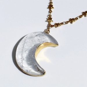 Crystal Moon Necklace, Moon Pendant, Electroformed Jewelry, Genuine Quartz Pendant, Star Chain Necklace, Celestial Jewelry, Genuine Crystal