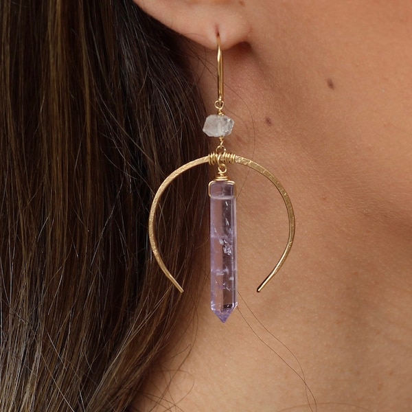 Crystal Moon Earrings, Gold Moon Hoops, Crystal Earrings, Crescent Moon Earrings, Moon Hoop Earrings, Healing Quartz Hoops, Gift for Her