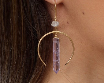 Crystal Moon Earrings, Gold Moon Hoops, Crystal Earrings, Crescent Moon Earrings, Moon Hoop Earrings, Healing Quartz Hoops, Gift for Her