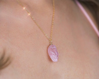 Rose Quartz Necklace Real, Rose Quartz Pendant Necklace, Rose Quartz Pendant Gold, Raw Rose Quartz Crystal, Heart Chakra Necklace