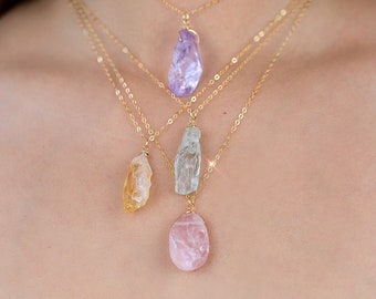 Raw Crystal Pendant Necklace: Rose Quartz, Amethyst, Citrine, Green Amethyst