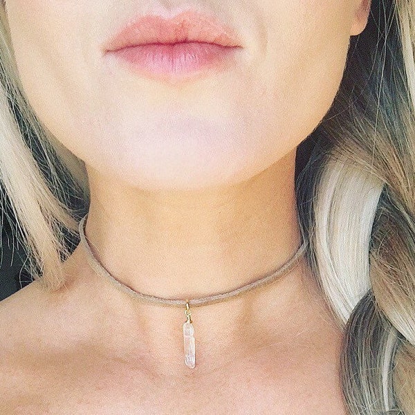 Crystal Quartz Choker, Gift for Her, Small Quartz Choker, Tan Leather Choker, Crystal Choker, Boho Leather Choker, Healing Crystal Necklace