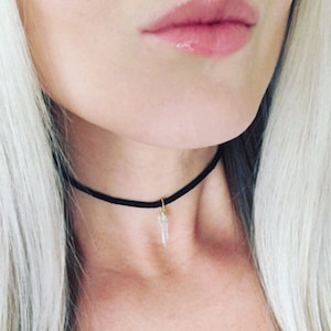 Quartz Choker. Crystal Choker. Black Choker. Small Quartz Choker. Black Leather Choker. Crystal Quartz Choker. Simple Black Choker Necklace.