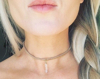 Crystal Quartz Choker, Gift for Her, Small Quartz Choker, Tan Leather Choker, Crystal Choker, Boho Leather Choker, Healing Crystal Necklace