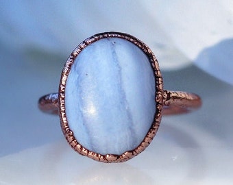 Blue Lace Agate Ring, Blue Lace Agate Crystal Statement Ring, Blue Oval Gemstone Ring, Oval Raw Stone Ring, Blue Lace Agate Stone Jewelry