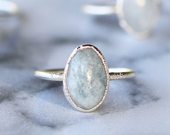 Polished Aquamarine Ring, March Birthstone Ring Silver Band, March Raw Gemstone Ring, Raw Aquamarine Stone Ring, Birthday Gift for Her