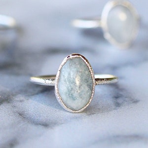 Polished Aquamarine Ring, March Birthstone Ring Silver Band, March Raw Gemstone Ring, Raw Aquamarine Stone Ring, Birthday Gift for Her image 1