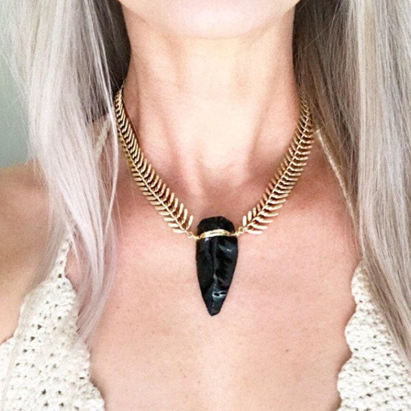 Obsidian Arrowhead Necklace, Dark Mori, Mori Girl, Witchy Crystal Choker, Witchcraft Jewelry, Dark Academia Necklace,  Dark Crystal Jewelry