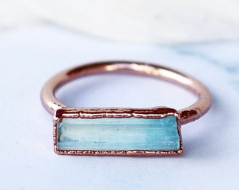 Raw Aquamarine Bar Ring: Electroformed Copper March Birthstone