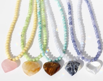 Crystal Heart Beaded Necklace, Heart Chakra Necklace, Raw Crystal Bead Necklace, Crystal  Heart Necklace, Crystal Quartz Heart