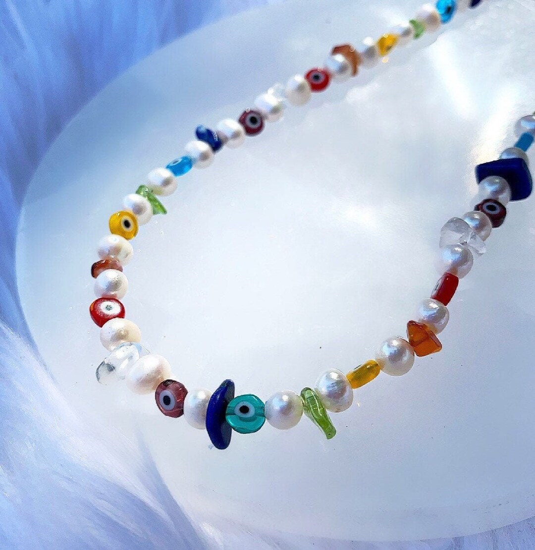 Colorful Pearl Necklace, 90s Style Pearl Necklace, 90s Bead