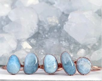 Electroformed Copper Aquamarine Ring, Raw Crystal, March Birthstone