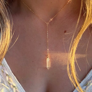Y Necklace Gold Silver, Gift for Her, Healing Crystal Quartz Necklace, Gold Silver Lariat Necklace, Small Quartz Necklace Silver Gold