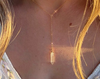 Y Necklace Gold Silver, Gift for Her, Healing Crystal Quartz Necklace, Gold Silver Lariat Necklace, Small Quartz Necklace Silver Gold