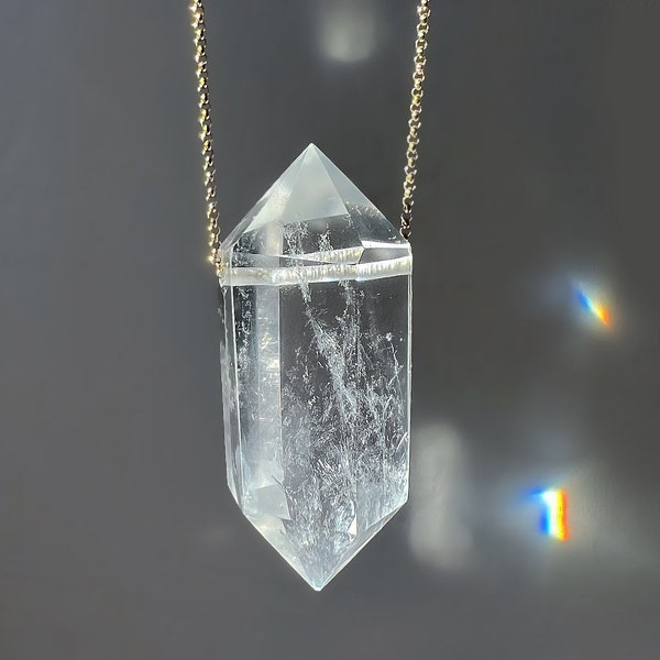 Large Quartz Crystal Necklace, Long Clear Quartz Necklace, Quartz Pendant Jewelry, Gold Layered Necklace, Sterling Silver