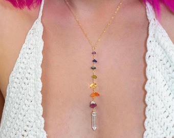 Crystal Chakra Lariat Necklace: Gold Filled or Sterling Silver, Raw Stone Balancing