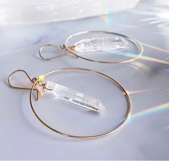 Crystal Quartz Hoop Earrings Gold Boho Hoops Crystal Hoops