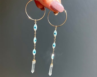 Evil Eye Crystal Quartz Hoops, Duster Hoop Earrings, Lightweight Boho Dangle Earrings 14k Gold Filled, Mother of Pearl