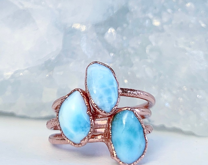 Raw Larimar Stone Ring, Electroformed Copper, Pisces Leo Birthstone