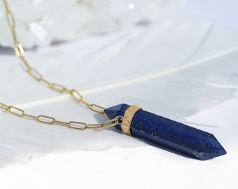 Chunky Lapis Lazuli Point Necklace, Double Terminated Lapis Lazuli Necklace, Lapis Lazuli Point Pendant, Throat Chakra Crystal Necklace