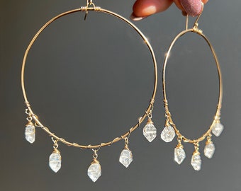 Herkimer Diamond Hoop Earrings, Big Boho Bridal Earrings, Gold Filled Quartz Hoops, April Birthstone Earrings, Stone Hoop Earrings