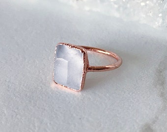 Raw Rose Quartz Crystal and Copper Ring with Emerald Cut Light Pink Blush Stone