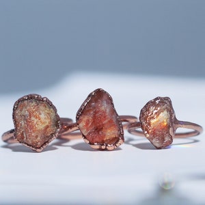Raw Sunstone Ring: Electroformed Copper Band, Crystal Gift