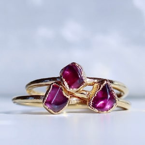 Raw Rhodolite Garnet Ring: Gold Stacking Band, January Birthstone