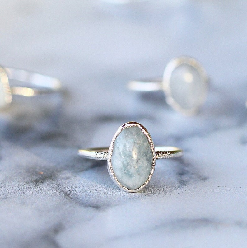 Polished Aquamarine Ring, March Birthstone Ring Silver Band, March Raw Gemstone Ring, Raw Aquamarine Stone Ring, Birthday Gift for Her image 1