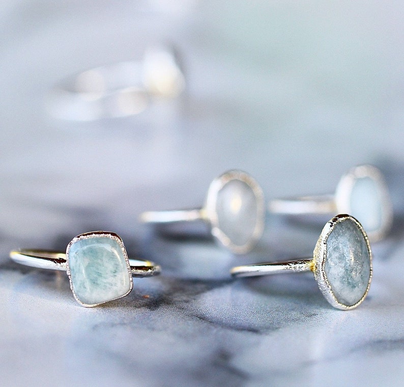Polished Aquamarine Ring, March Birthstone Ring Silver Band, March Raw Gemstone Ring, Raw Aquamarine Stone Ring, Birthday Gift for Her image 2