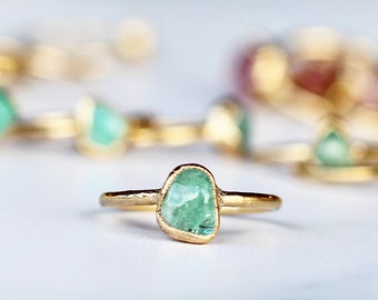 Polished Mint Green Emerald Ring in Gold, Mint Green Ring, Raw Emerald Ring, Dainty Green Ring, Emerald Birthstone Ring. May Birthstone