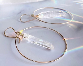 Aros de cuarzo cristal, aros bohemios dorados, aros de cristal, pendientes de cristal curativo, aros de cristal, aros de cuarzo, regalo para ella