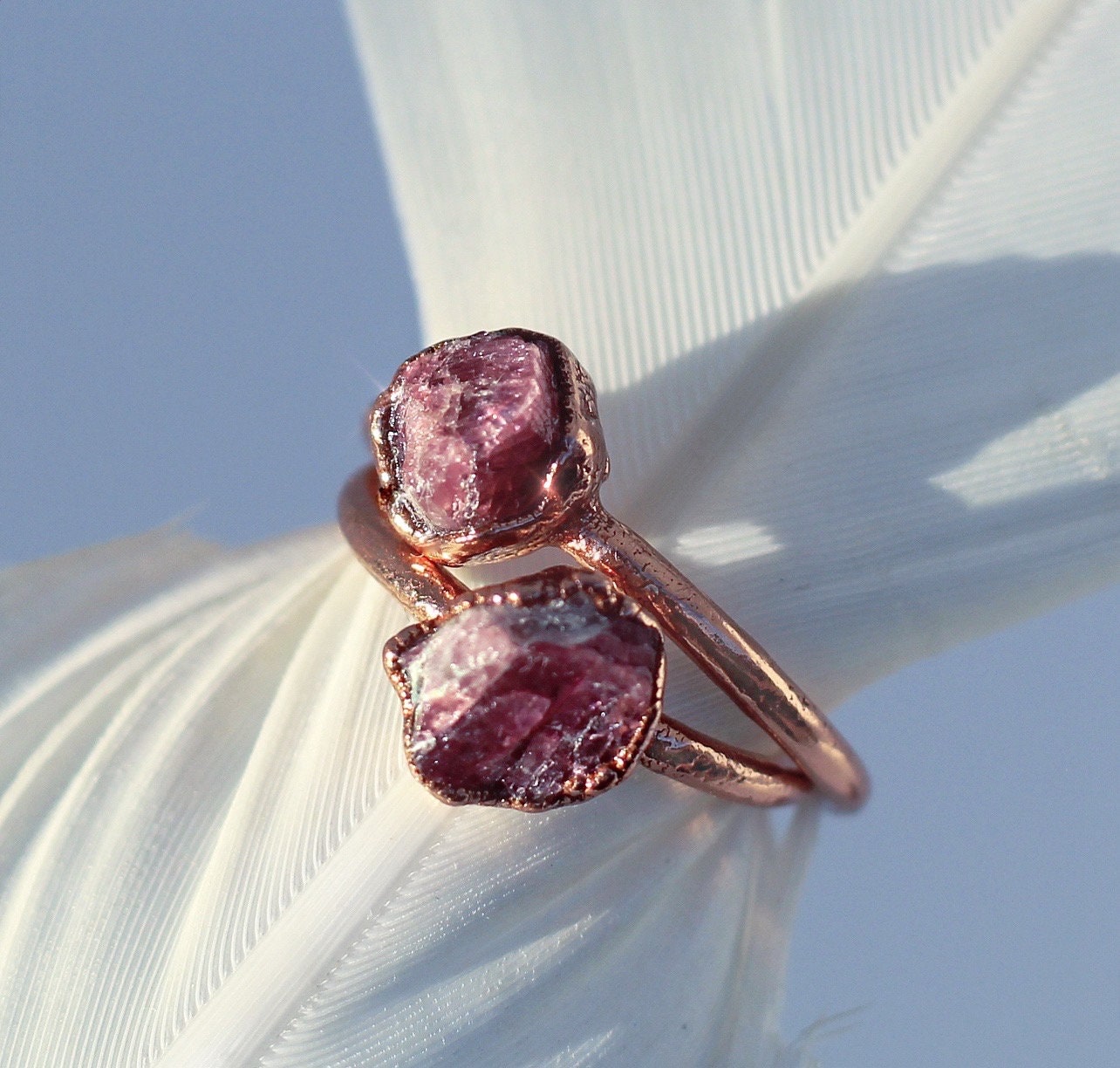 Dainty Pink Tourmaline Ring, Stackable, Delicate Raw Healing Crystal Ring, Tiny Pink Crystal Ring, October Birthstone Gift, Copper Ring