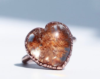 Crystal Heart Ring, Heart Stone Lodolite Ring, Garden Quartz Crystal Ring, Polished Lodolite Stone Ring, Boho Heart Ring, Heart Gift
