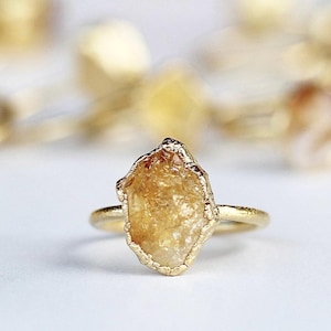 Gold Citrine Ring, Gold Electroformed Crystal Ring, 14k Gold Raw Citrine Ring, November Raw Birthstone Ring, Citrine Ring Gold