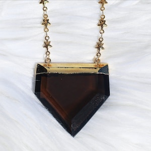 Smoky Quartz Shield Necklace: Electroformed Pendant with Gold or Silver Star Chain