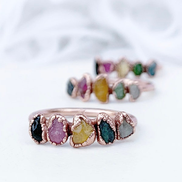 Rainbow Tourmaline Ring, Stackable Tourmaline Ring, Tourmaline Multi Stone Ring, Unique Tourmaline Ring, Multicolor Tourmaline Ring