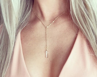 Y Necklace Gold Silver, Gift for Her, Healing Crystal Quartz Necklace, Gold Silver Lariat Necklace, Small Quartz Necklace Silver Gold