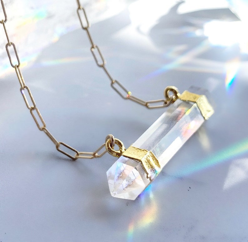 Crystal Quartz Bar Necklace, Chunky Quartz Necklace, Double Terminated Crystal Necklace, 14k Gold Crystal Necklace, Gift for Her image 1