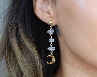 Herkimer Diamond Moon Earrings in Gold or Silver: Celestial Crystal Crescent Drop Dangles