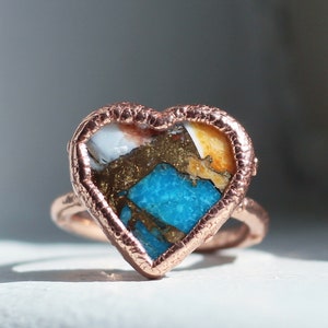 Electroformed Copper Oyster Turquoise Heart Ring - Southwest Jewelry