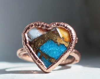 Statement Oyster Turquoise Heart Ring, Oyster Copper Turquoise Ring, Spiny Oyster Heart Jewelry, Turquoise Jewelry Gift, Southwest Jewelry