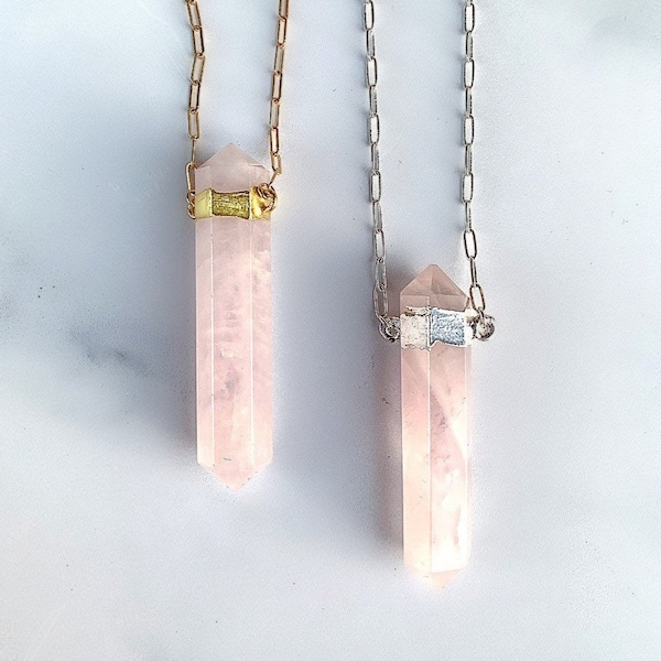 Chunky Rose Quartz Point Necklace, Rose Quartz Paperclip Chain Necklace, Double Terminated Rose Quartz Necklace, Sterling Silver Crystal