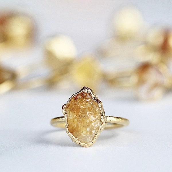Gold Citrine Ring, Gold Electroformed Crystal Ring, 14k Gold Raw Citrine Ring, November Raw Birthstone Ring, Citrine Ring Gold