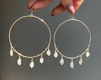 Herkimer Diamond Hoop Earrings, 14k Gold Filled, Boho Bridal