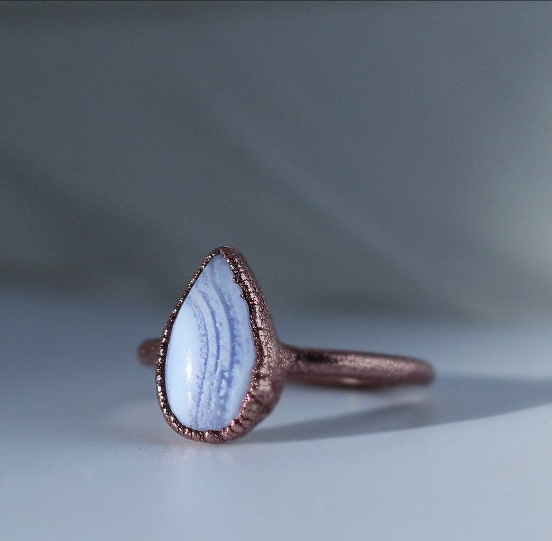 Blue Lace Agate Teardrop Ring, Blue Stone Gift for Her, Throat Chakra Stone Ring, Healing Gem Ring, Throat Chakra Stone, Crystal Ring Copper image 2