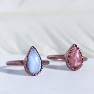 Blue Lace Agate Teardrop Ring, Blue Stone Gift for Her, Throat Chakra Stone Ring, Healing Gem Ring, Throat Chakra Stone, Crystal Ring Copper image 5