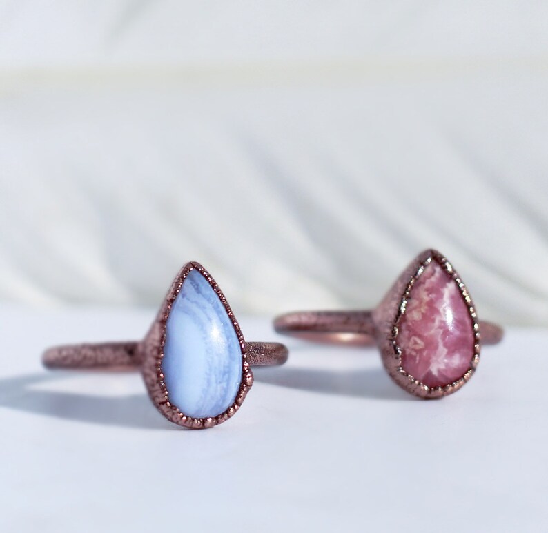 Blue Lace Agate Teardrop Ring, Blue Stone Gift for Her, Throat Chakra Stone Ring, Healing Gem Ring, Throat Chakra Stone, Crystal Ring Copper image 5