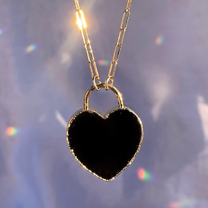 Black Onyx Heart Necklace, Heart Lock Necklace, Heart Shaped Pendant, Black Heart Pendant, Love Stone Necklace, Onyx Gemstone Necklace
